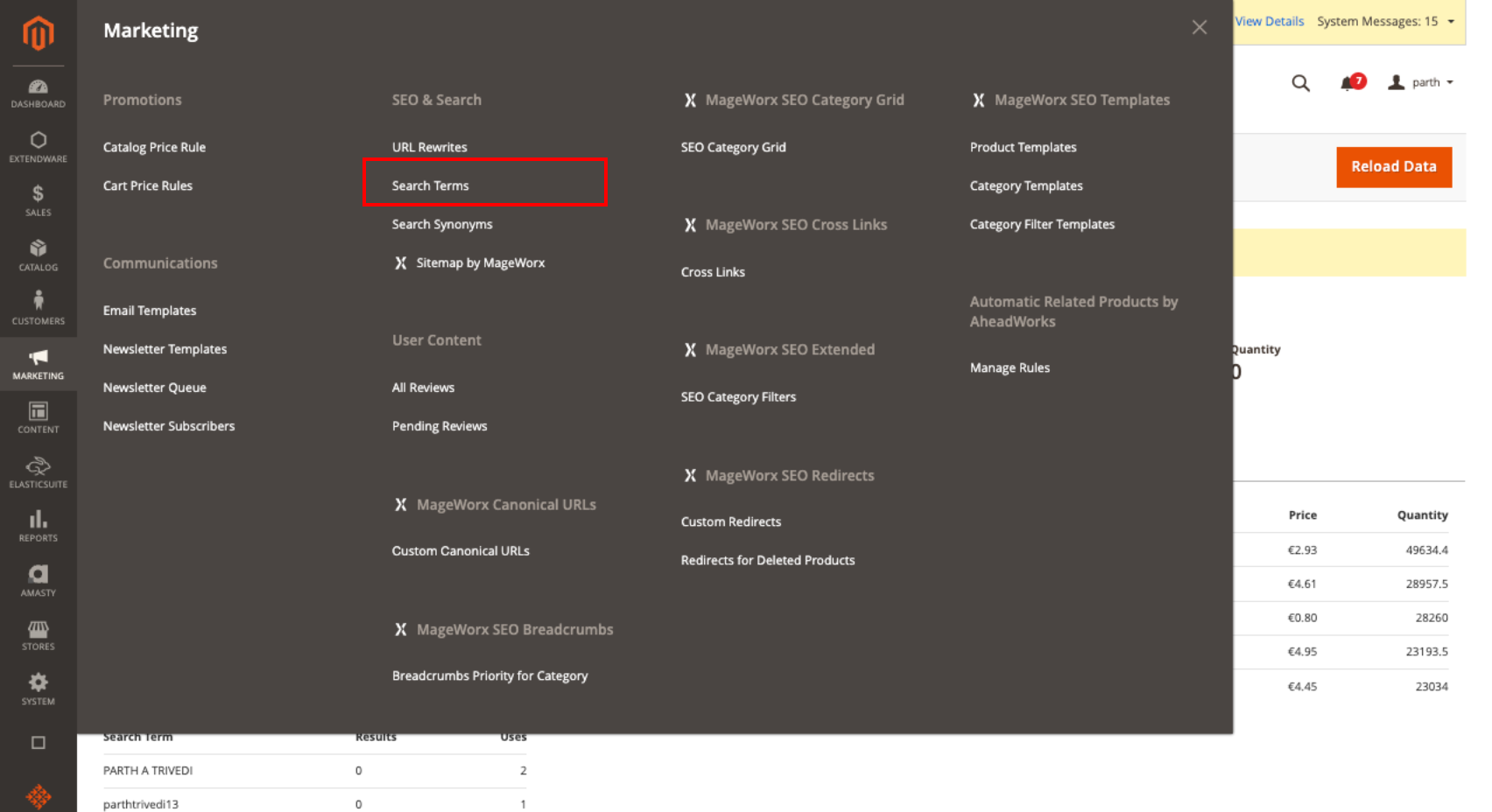 Search Insights and Improvements Extension Menu
