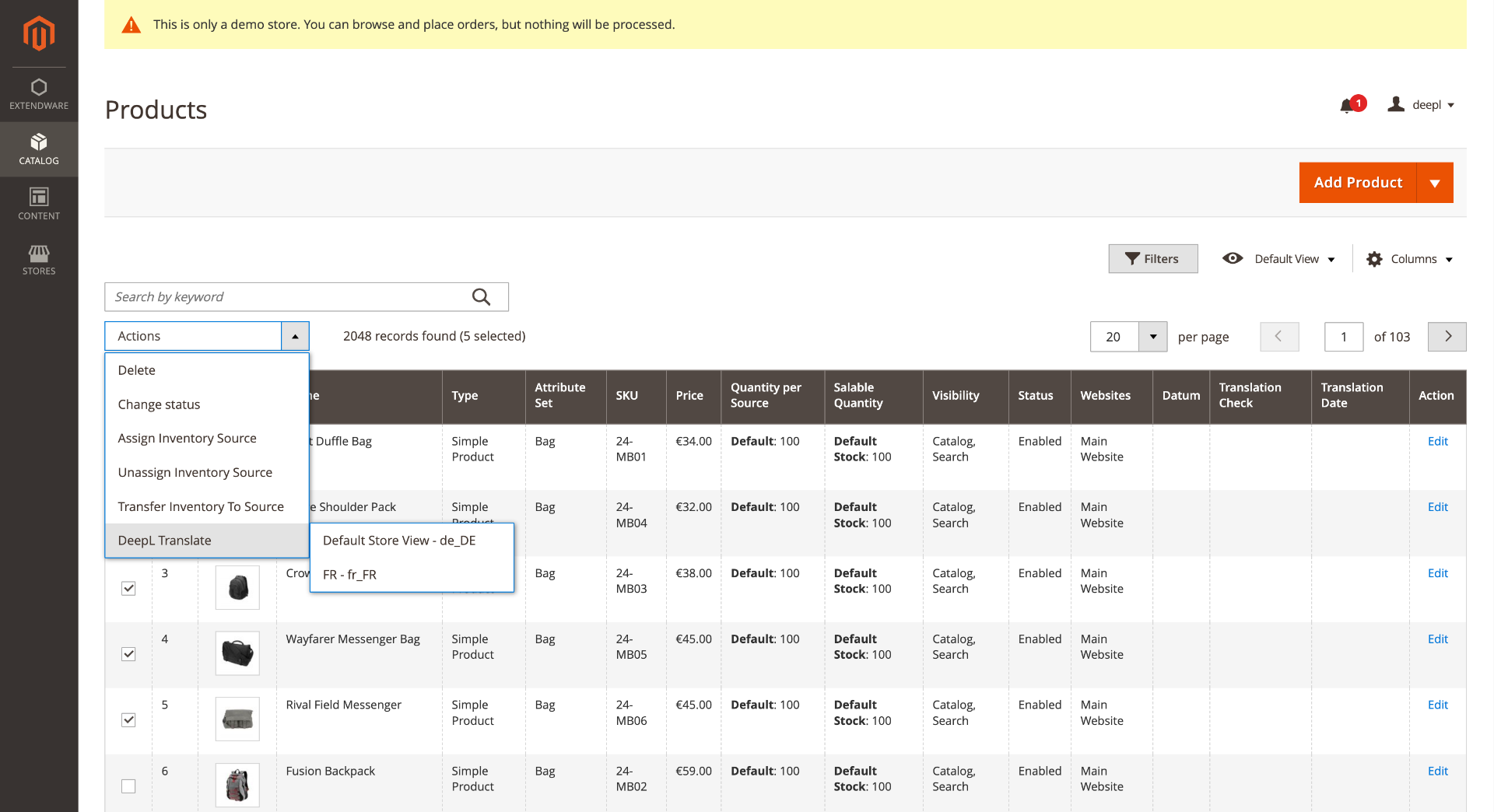 Translation Check and Translation Date shown in the product grid, offering the possibility to retranslate and filter selected products easily.