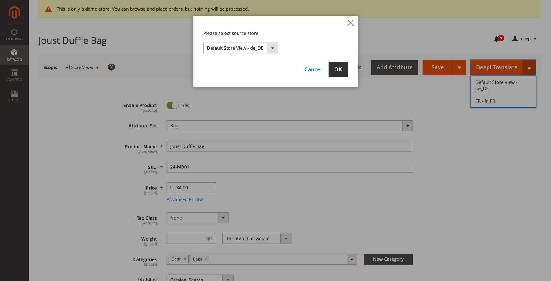 Translate single products, choosing the source language of your translation and the store view as target.