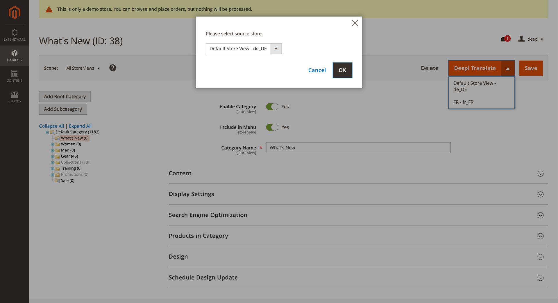 Mass translation of categories, choosing the target language and store view.